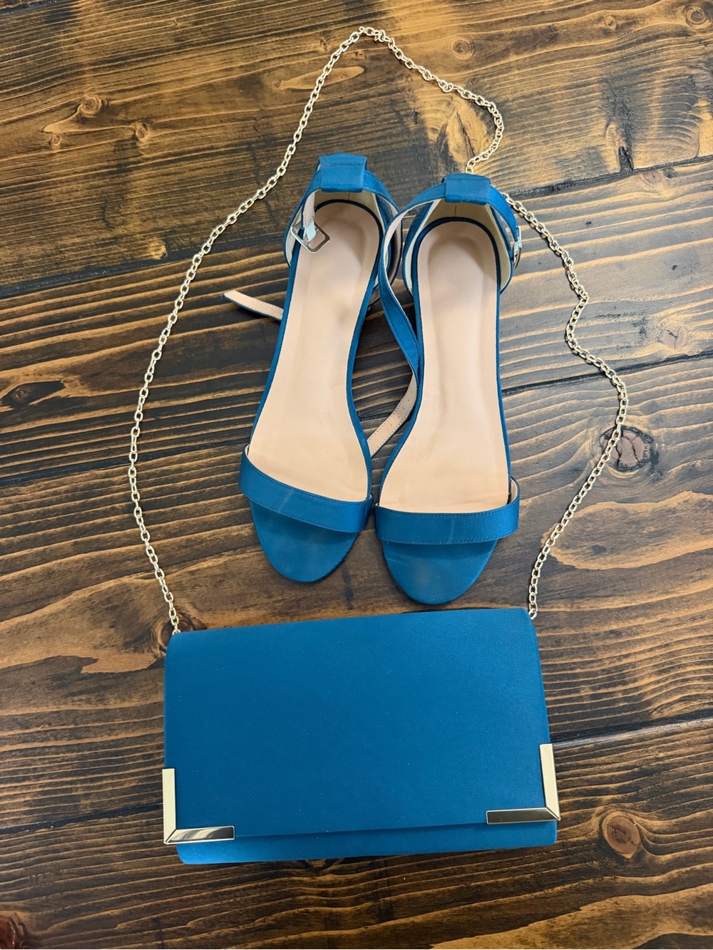 Azazie Teal Satin Block Heels 7.5 & Matching Clutch Set